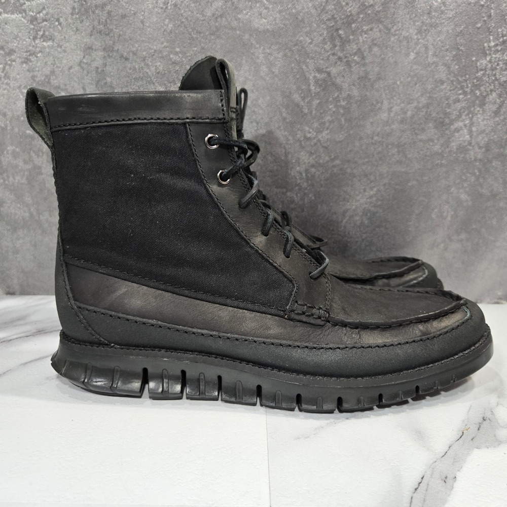 Cole Haan Zerogrand Mens Ankle Boots 9.5M Black Leather Canvas Moc Toe Lace Up